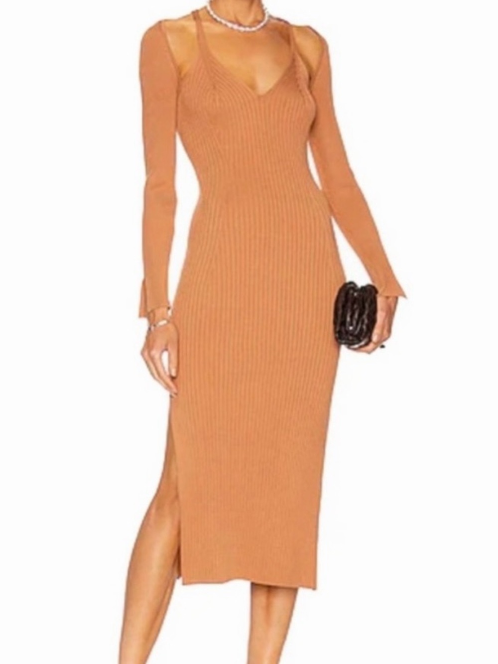 House of Harlow 1960 Ribbed Knit Midi Dress Cold Shoulder Long Sleeve Tan Camel